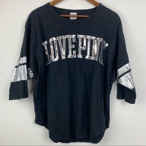Pink Victoria’s Secret Large Black Silver Sequin Bling Logo 3/4 Sleeve T-shirt